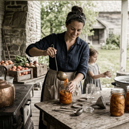 Homemade canned peaches on rustic porch Woman ladling peaches into glass jar with child holding jars on porch