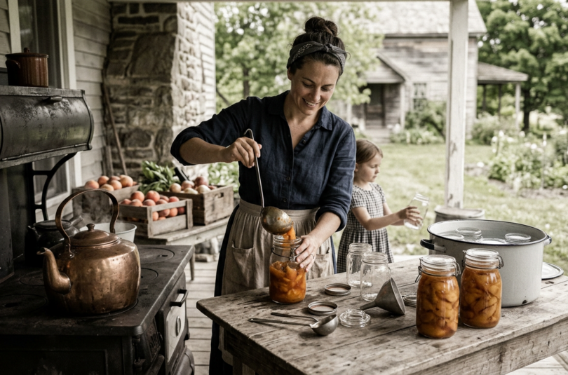 Homemade canned peaches on rustic porch Woman ladling peaches into glass jar with child holding jars on porch